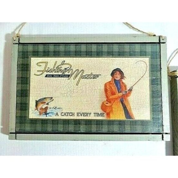 Fishing Master Rod Reels Lures Wood Signs Plaques Rainbow Trout Rustic 2-Piece - Picture 3 of 4